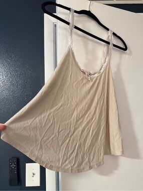 Vintage Lace Trim Ribbed Cami Tank - Cream